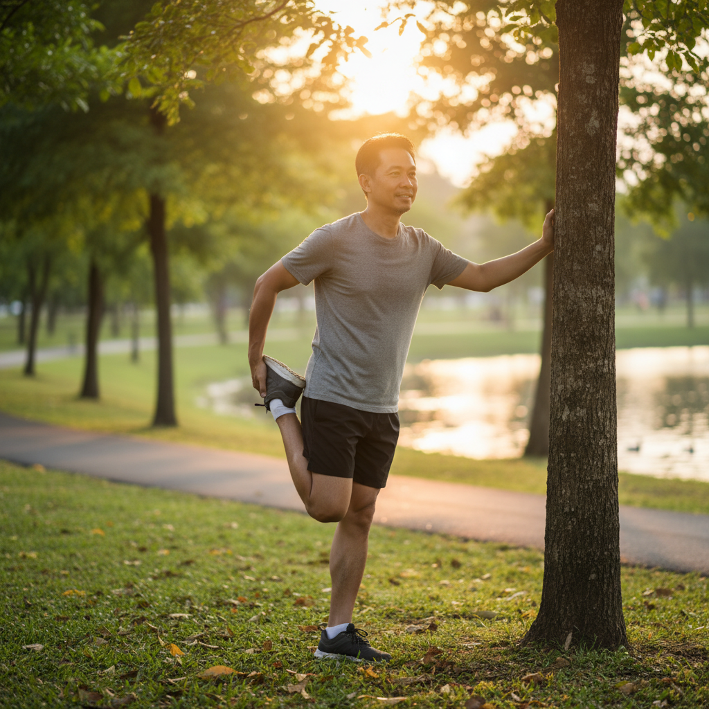 Pria paruh baya berolahraga ringan di luar ruangan