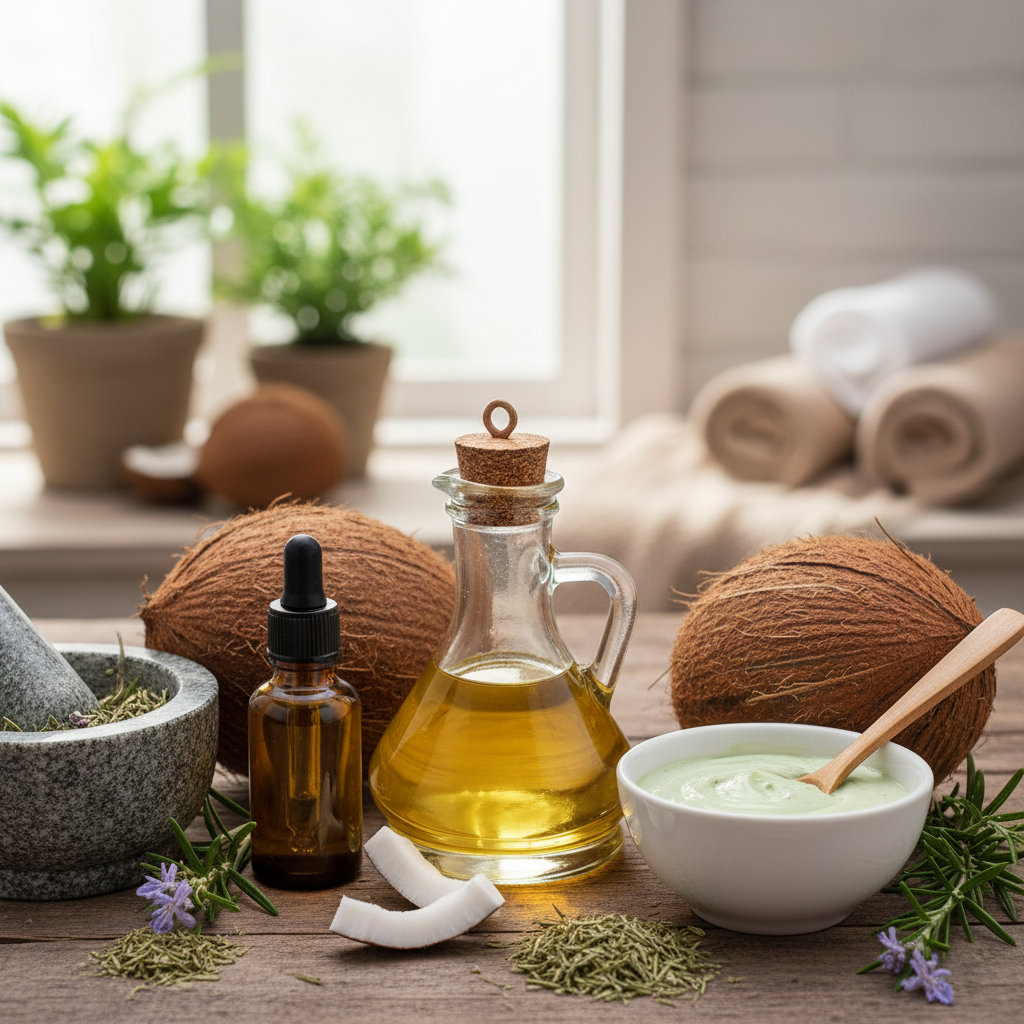 Bahan alami seperti minyak kelapa dan rosemary untuk perawatan rambut