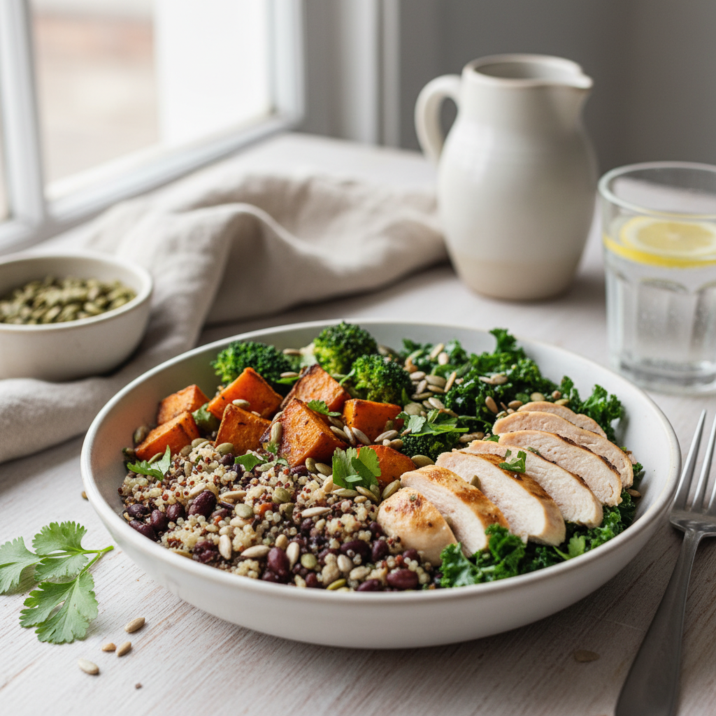 Hidangan sehat berisi biji-bijian, sayuran, dan protein alami