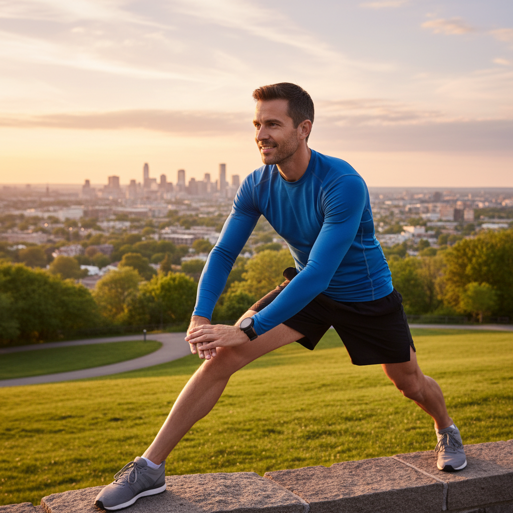 Pria dewasa aktif melakukan peregangan di luar ruangan